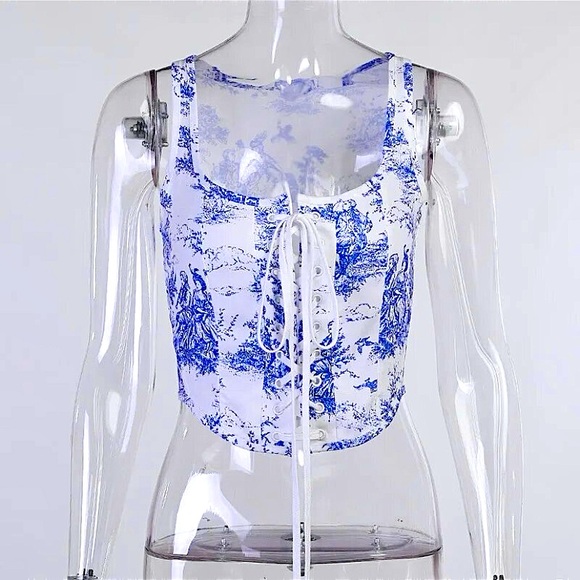 White & blue lace up square neck corset top - Picture 8 of 16